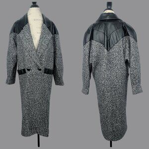 Vintage ADA Paris Black White Tweed Coat Medium Leather
